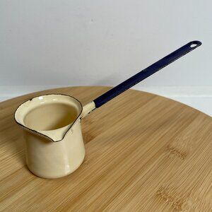 Vintage Cream Blue Enamel Melting Pot Enamelware Butter Syrup Turkish Coffee